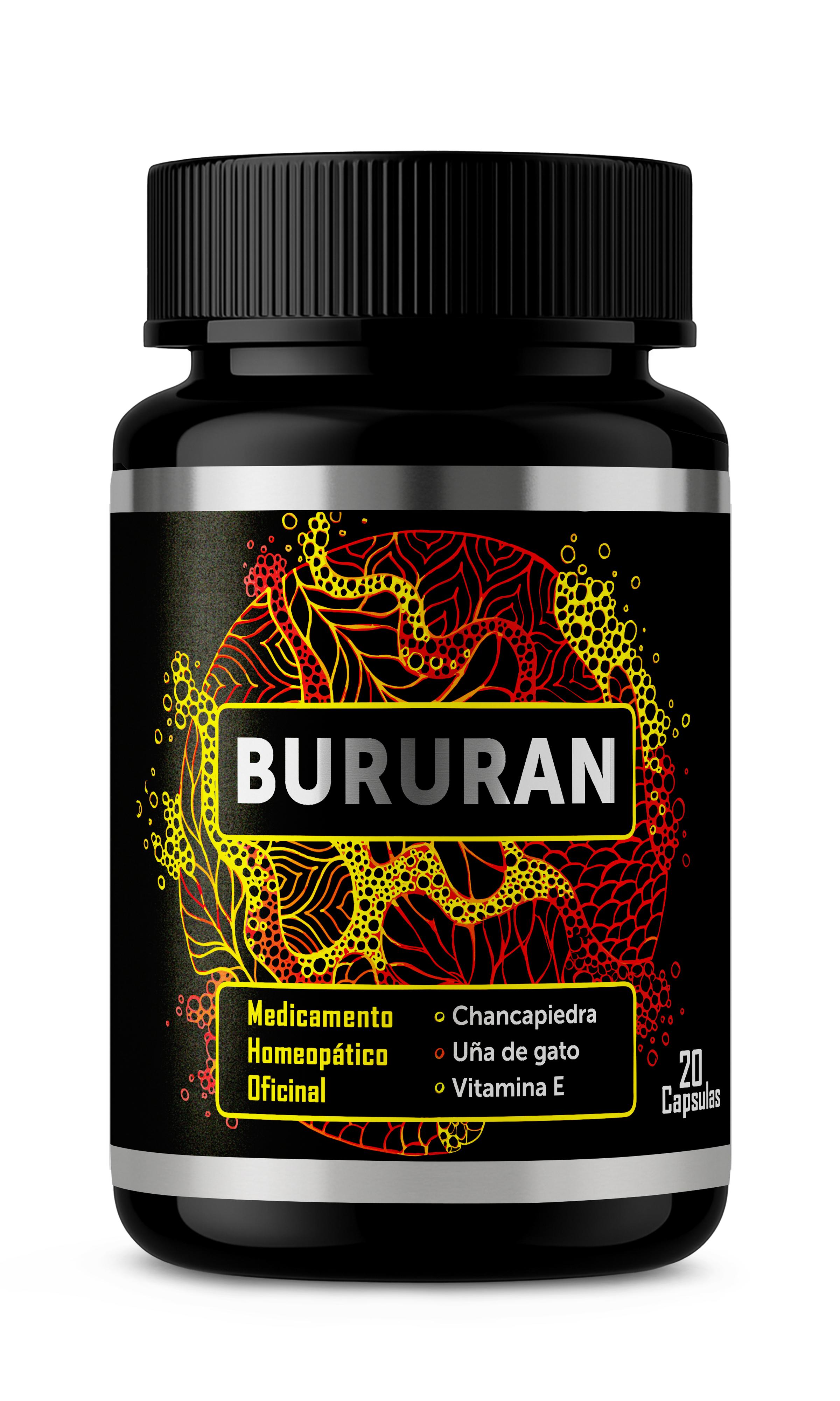Envase de Bururan con presentación de 20 cápsulas